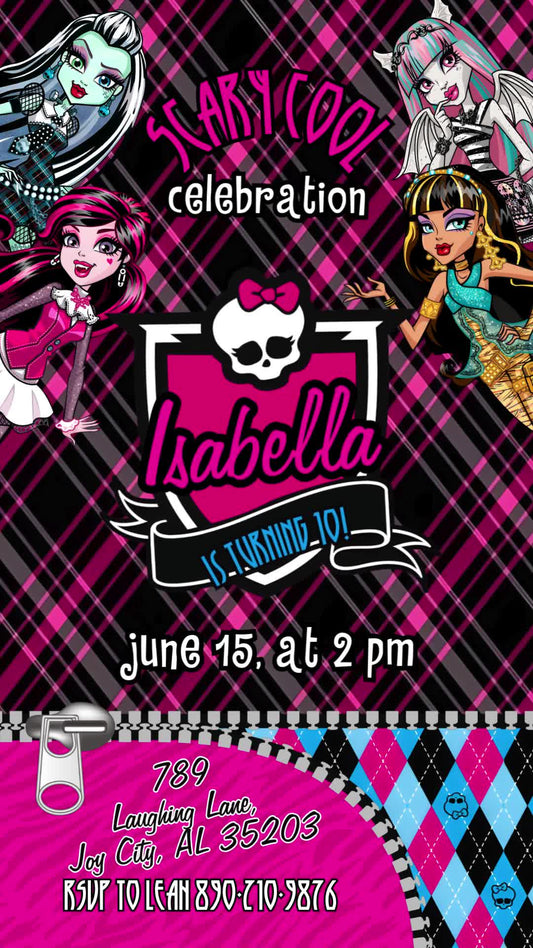 Monster High Pink Plaid Animated Birthday Invitation | Editable Canva Video