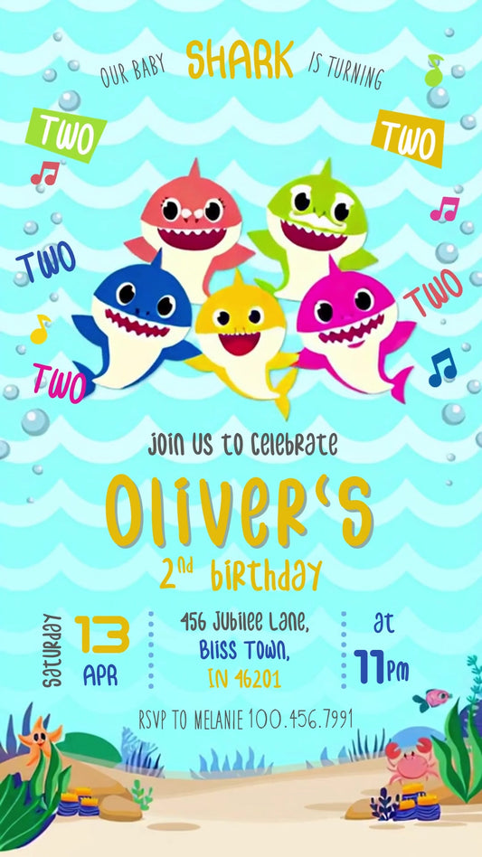 Baby Shark Ocean Waves Animated Second Birthday Invitation | Editable Canva Video