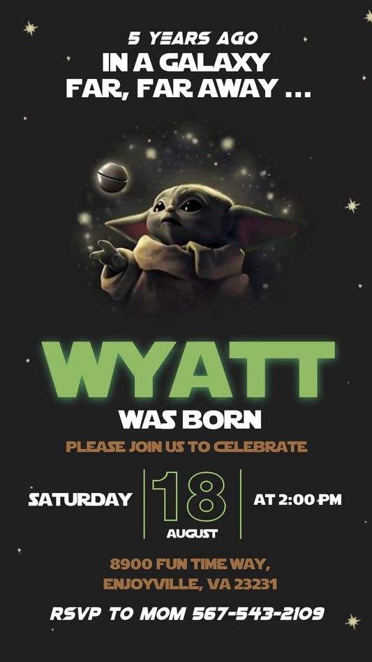Baby Yoda Starry Galaxy Animated Birthday Invitation | Editable Canva Video