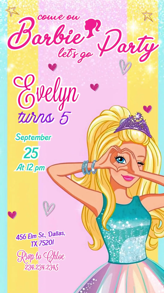 Barbie Pastel Stripes Animated Birthday Invitation | Editable Canva Video