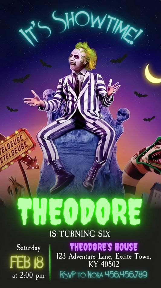 Beetlejuice Showtime Night Sky Animated Birthday Invitation | Editable Canva Video