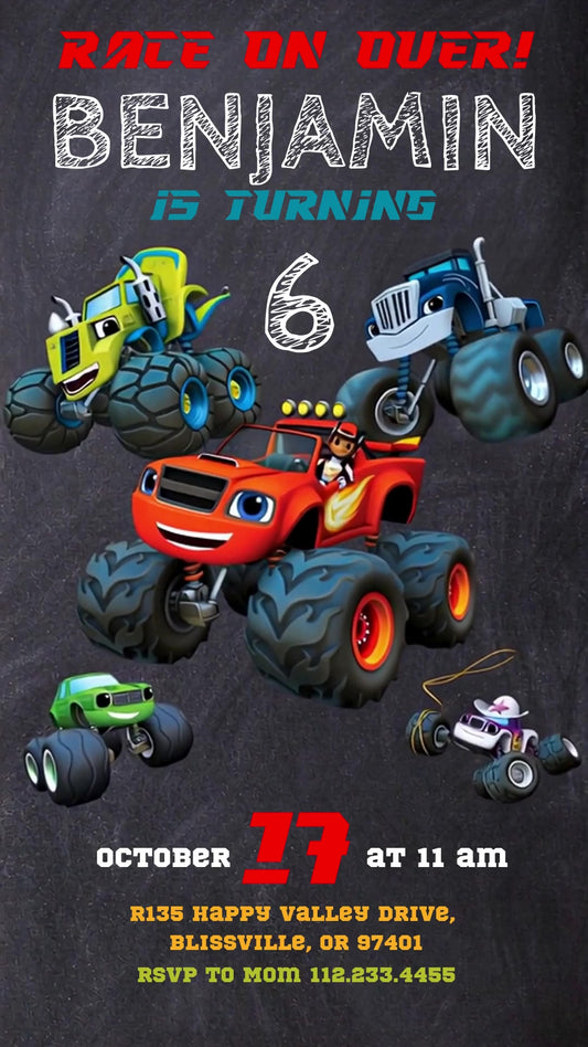 Blaze Chalkboard Racing Animated Birthday Invitation | Editable Canva Video