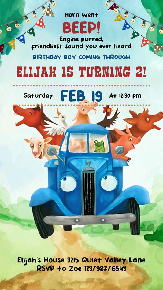 Little Blue Truck Watercolor Farm Animated Birthday Invitation | Editable Canva Video