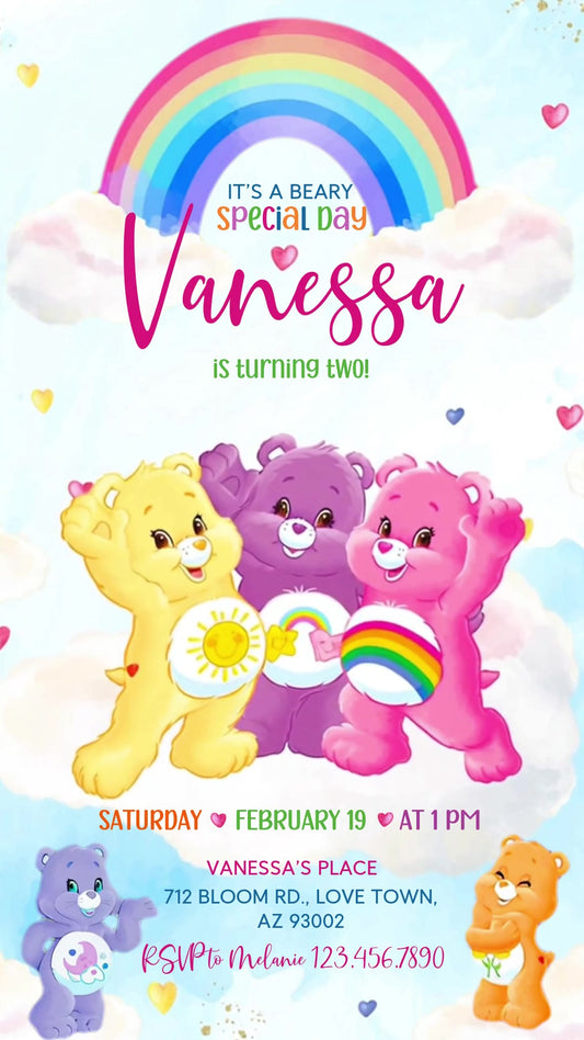 Care Bears Rainbow Clouds Animated Birthday Invitation | Editable Canva Video
