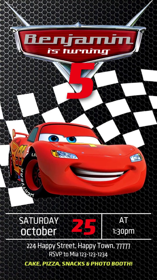 Cars Checkered Flag Racing Animated Birthday Invitation | Editable Canva Video