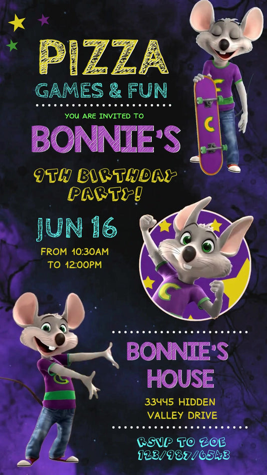 Chuck E Cheese Purple Pizza Games Animated Birthday Invitation | Editable Canva Video