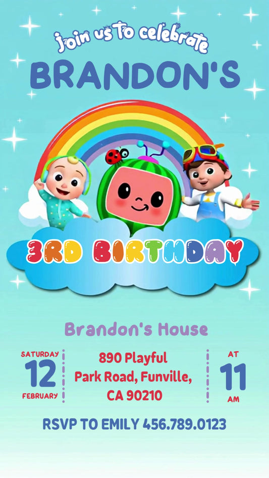 Cocomelon Rainbow Cloud Animated Third Birthday Invitation | Editable Canva Video
