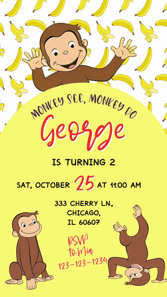 Curious George Banana Pattern Animated Birthday Invitation | Editable Canva Video