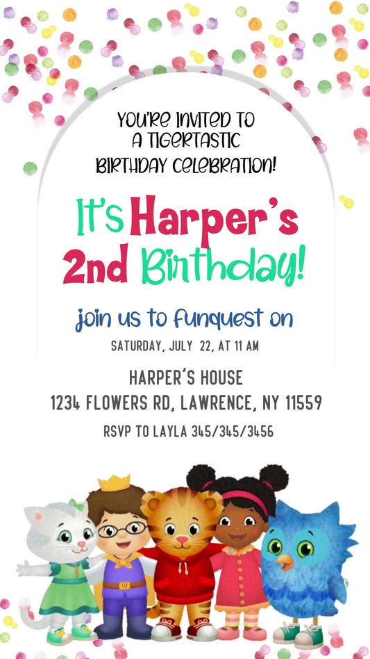 Daniel Tiger Confetti Arch Animated Second Birthday Invitation | Editable Canva Video