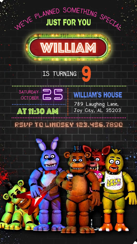 Five Nights at Freddy's Neon Marquee Animated Birthday Invitation | Editable Canva Video