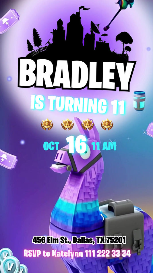 Fortnite Purple Loot Llama Animated Birthday Invitation | Editable Canva Video
