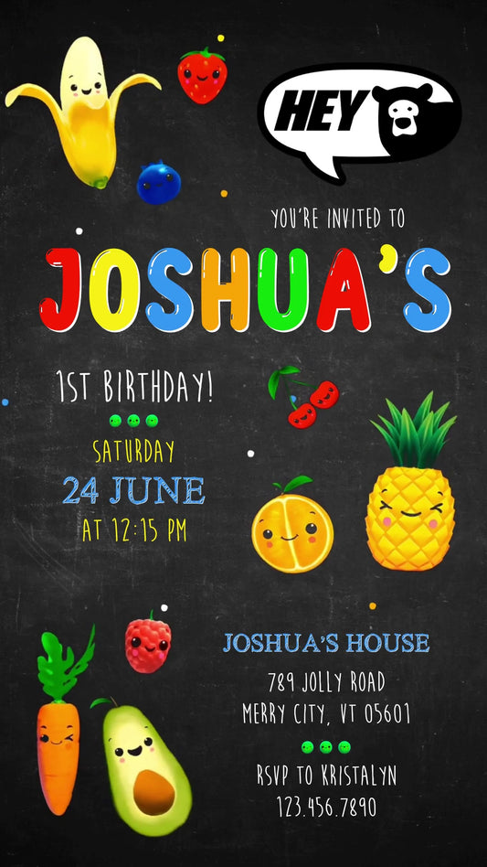 Hey Bear Chalkboard Fruit Animated First Birthday Invitation | Editable Canva Video