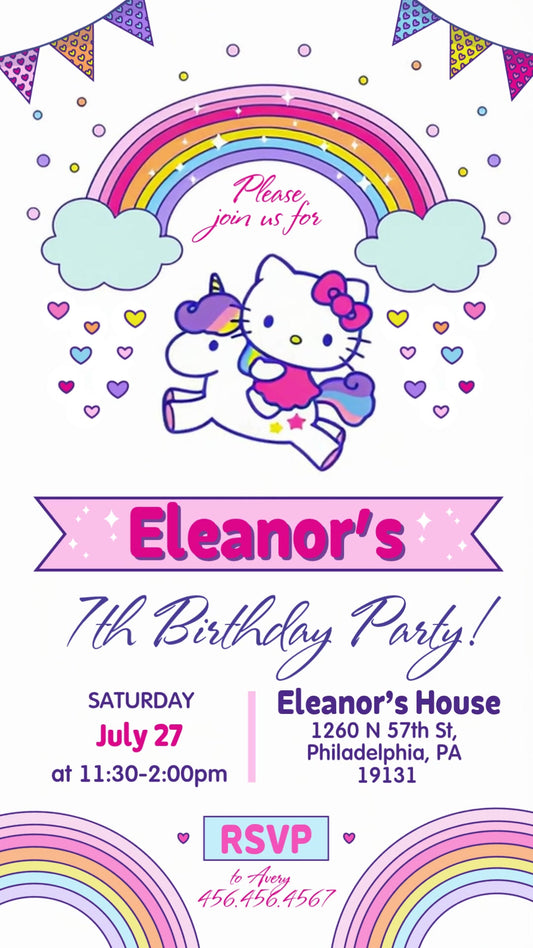 Hello Kitty Unicorn Rainbow Animated Birthday Invitation | Editable Canva Video