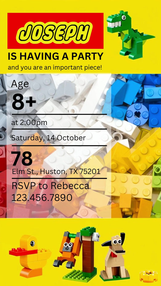 LEGO Yellow Brick Builder Animated Birthday Invitation | Editable Canva Video