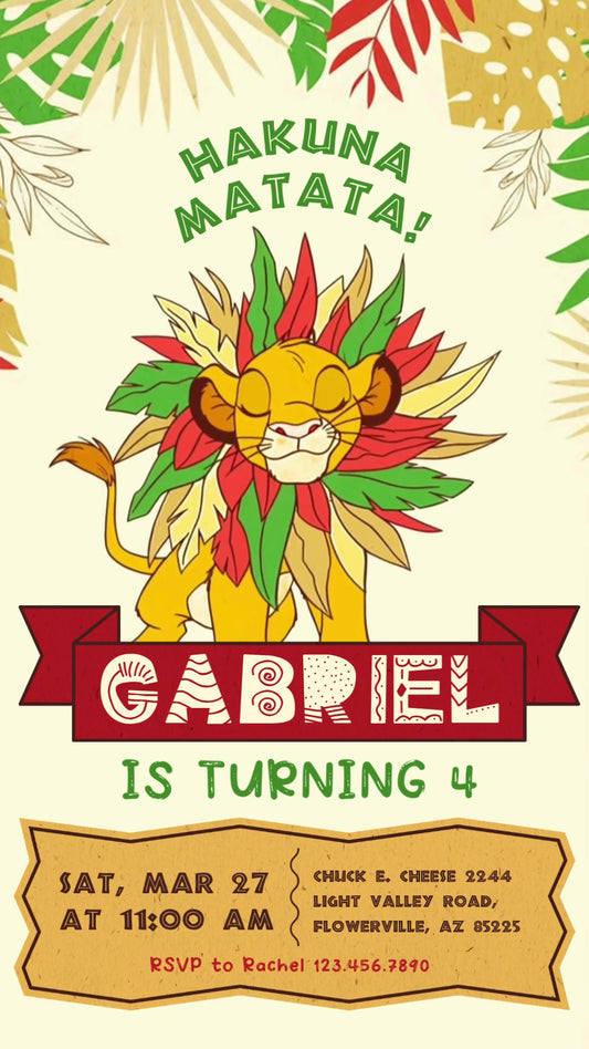 Lion King Tropical Leaf Mane Animated Birthday Invitation | Editable Canva Video