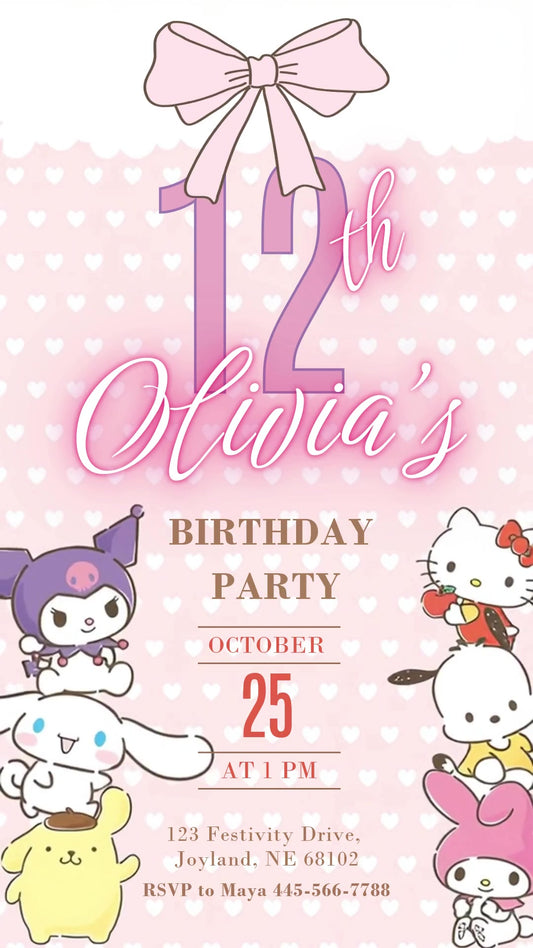 My Melody and Friends Pink Bow Animated Birthday Invitation | Editable Canva Video