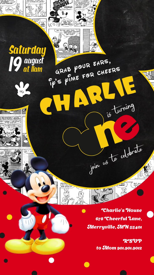 Mickey Mouse Comic Strip Animated First Birthday Invitation | Editable Canva Video