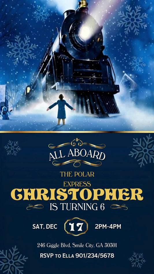 Polar Express Snowy Train Animated Birthday Invitation | Editable Canva Video
