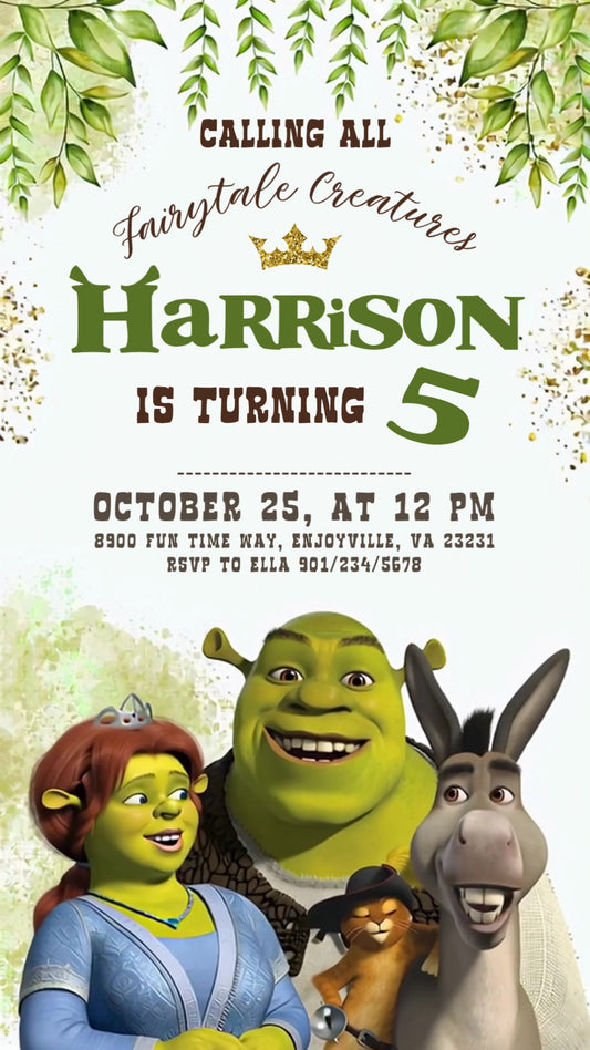 Shrek Fairytale Greenery Animated Birthday Invitation | Editable Canva Video