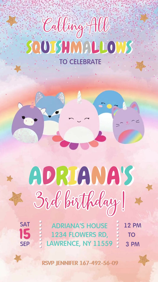 Squishmallows Pastel Rainbow Animated Birthday Invitation | Editable Canva Video