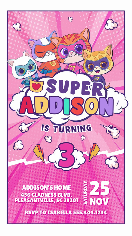 SuperKitties Pink Comic Animated Birthday Invitation | Editable Canva Video