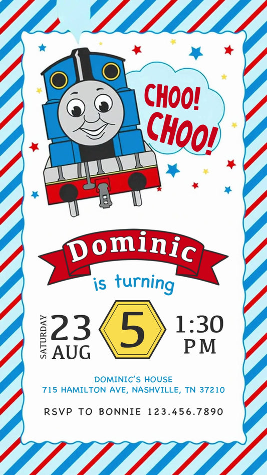 Thomas Train Stripes and Ribbon Animated Birthday Invitation | Editable Canva Video
