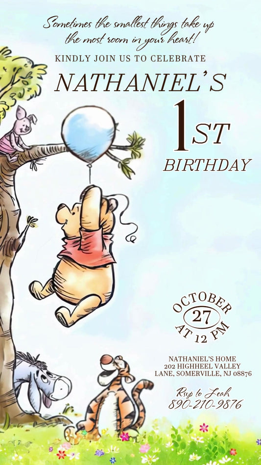 Classic Winnie the Pooh Balloon Animated First Birthday Invitation | Editable Canva Video
