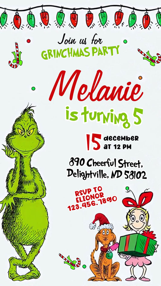 Grinchmas String Lights Animated Birthday Invitation | Editable Canva Video