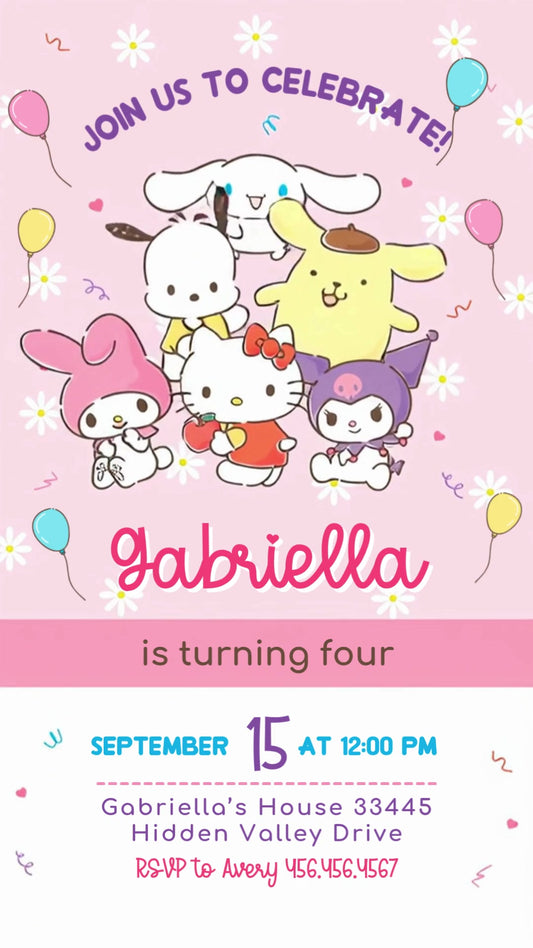 Hello Kitty and Friends Balloons Animated Birthday Invitation | Editable Canva Video