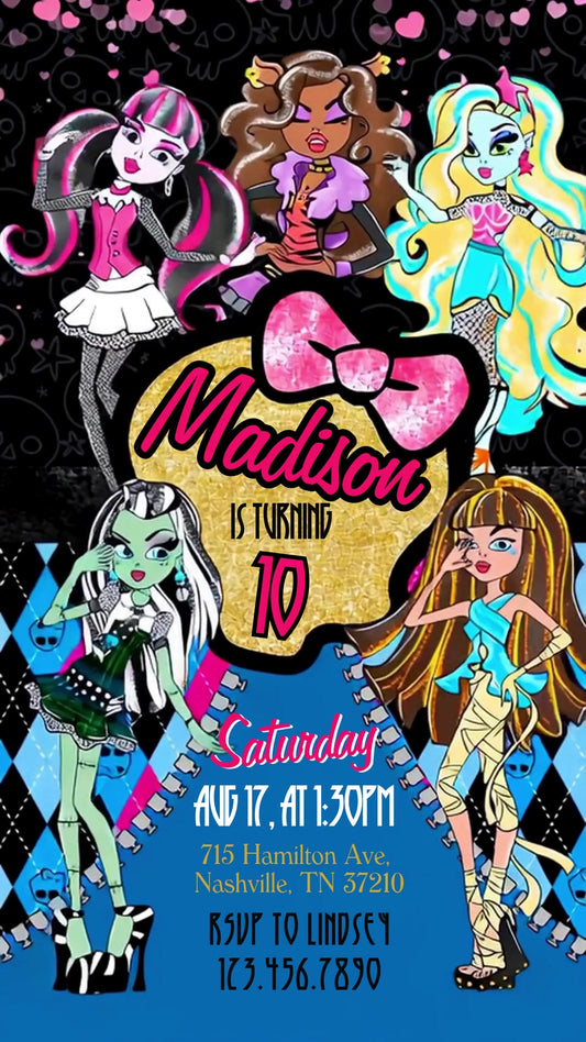 Monster High Gold Skull Animated Birthday Invitation | Editable Canva Video