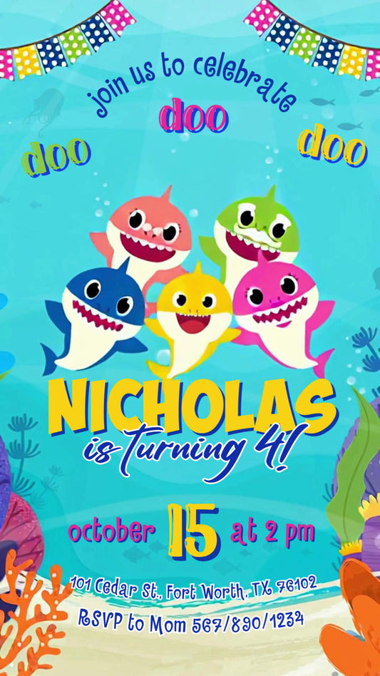 Baby Shark Underwater Pennants Animated Birthday Invitation | Editable Canva Video