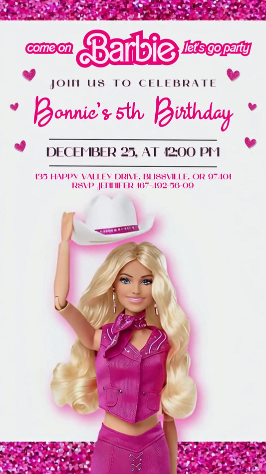 Barbie Pink Western Hat Animated Birthday Invitation | Editable Canva Video