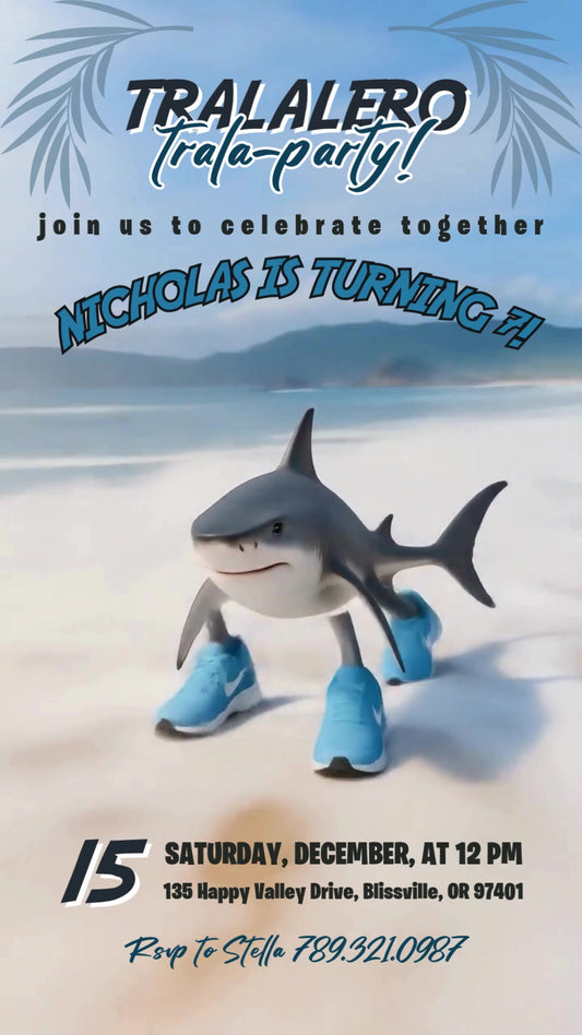 Tralalero Sneaker Shark Beach Animated Birthday Invitation | Editable Canva Video