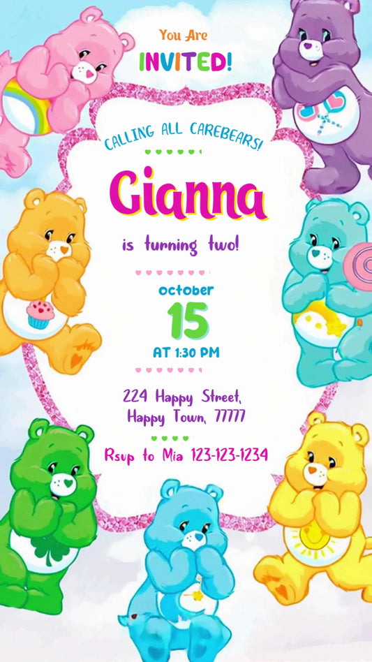 Care Bears Pink Glitter Frame Animated Birthday Invitation | Editable Canva Video