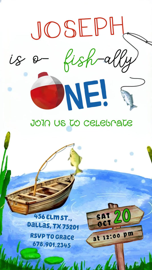 Fishing O-fish-ally One Animated 1st Birthday Invitation | Canva