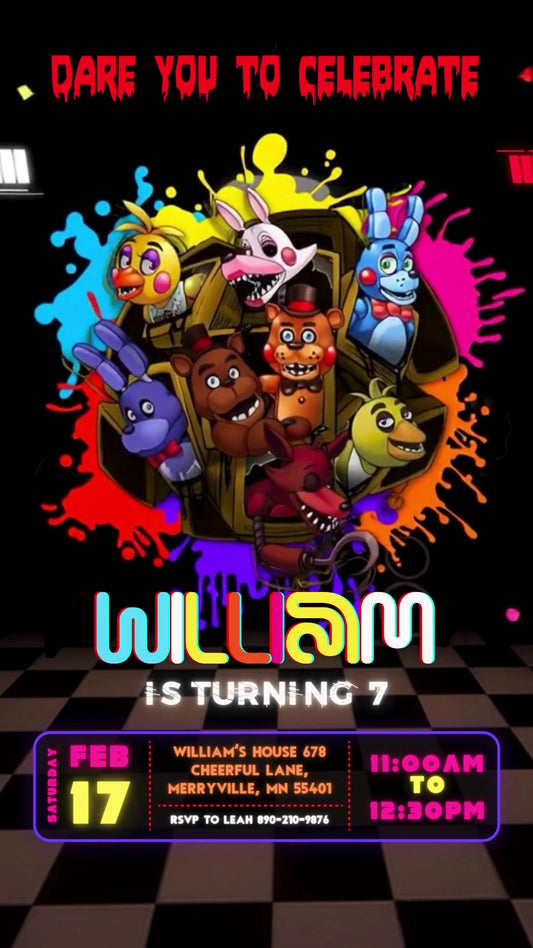 Five Nights at Freddy's Neon Animated Birthday Invitation