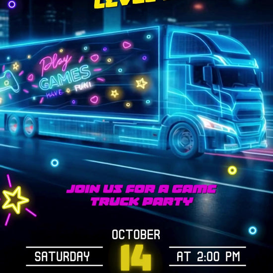 Neon cyan game truck over a dark city road, yellow level lettering, magenta game-truck party headline and glowing stars and rings.