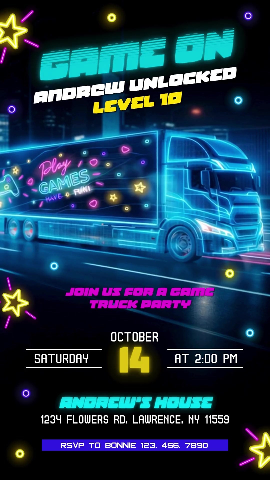 Neon cyan game truck over a dark city road, yellow level lettering, magenta game-truck party headline and glowing stars and rings.