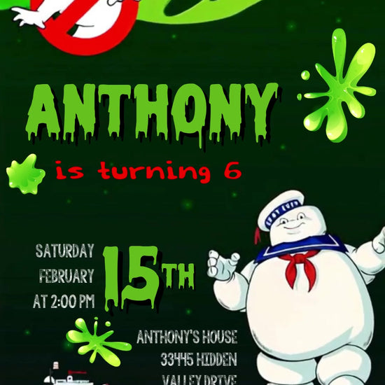 Dark green Ghostbusters birthday invitation with lime slime edges, no-ghost logo, Stay Puft, Ecto-1, green name and red age and RSVP.