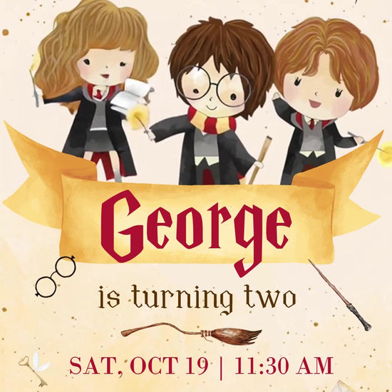 Cream-and-gold Harry Potter birthday invitation with a chibi wizard trio above a gold name ribbon, owl, winged golden ball, broom and sorting hat.