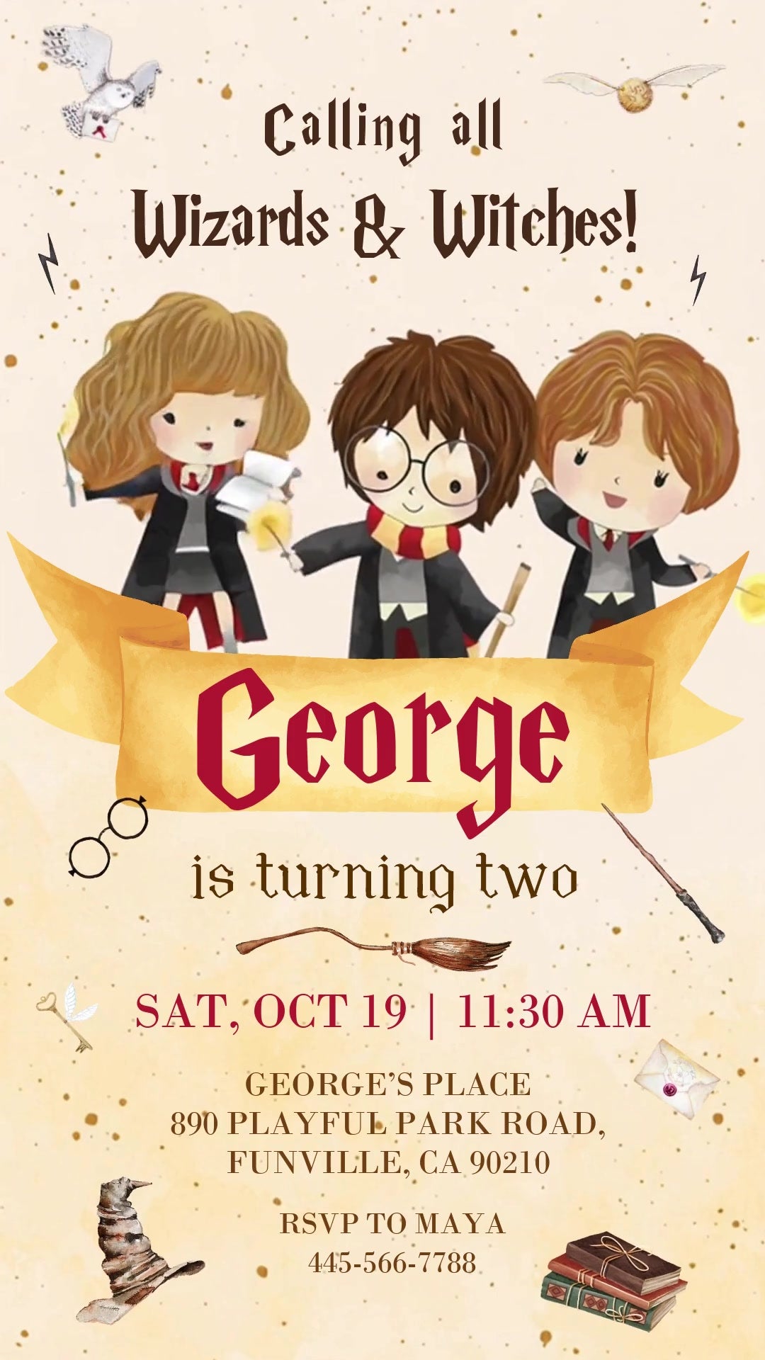 Cream-and-gold Harry Potter birthday invitation with a chibi wizard trio above a gold name ribbon, owl, winged golden ball, broom and sorting hat.