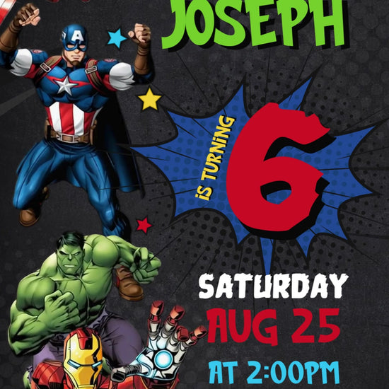 Four animated Marvel superheroes down the left of a dark comic background, green name, red age in a blue burst and colorful party details on the right.