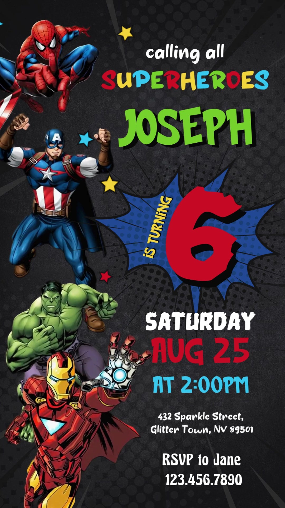 Four animated Marvel superheroes down the left of a dark comic background, green name, red age in a blue burst and colorful party details on the right.