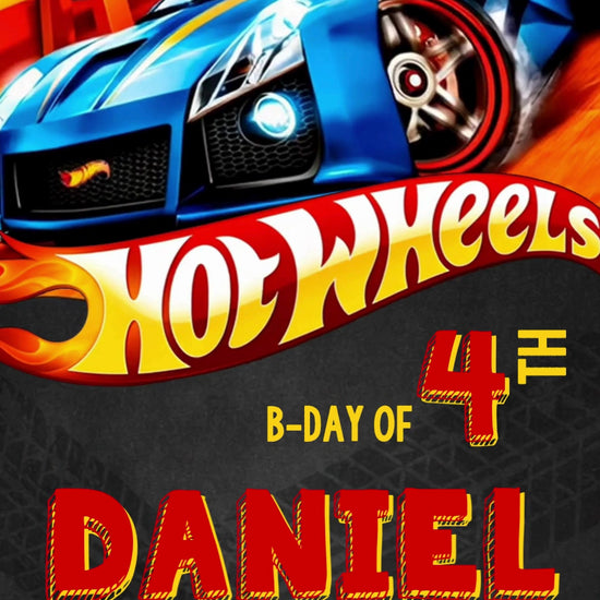 Blue Hot Wheels race car on an orange track above a dark tire-texture panel with red name and age, checkered flags and compact party details.