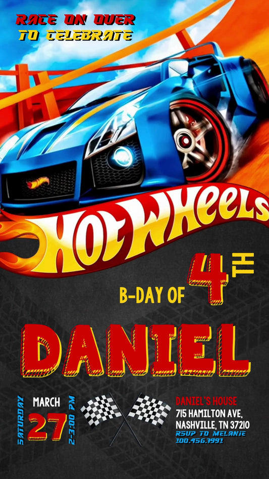 Blue Hot Wheels race car on an orange track above a dark tire-texture panel with red name and age, checkered flags and compact party details.