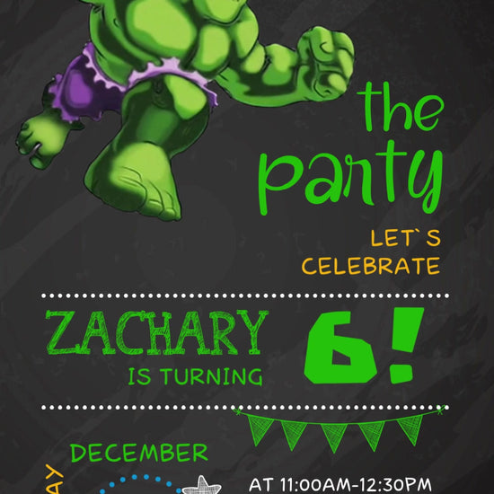 Cartoon Hulk on charcoal chalkboard with green Come Smash the Party lettering, colorful star borders, green name and age, and white party details.