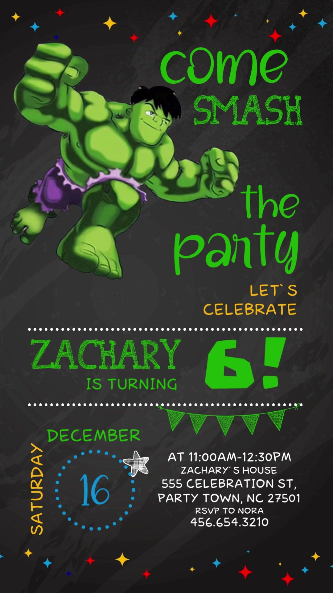 Cartoon Hulk on charcoal chalkboard with green Come Smash the Party lettering, colorful star borders, green name and age, and white party details.