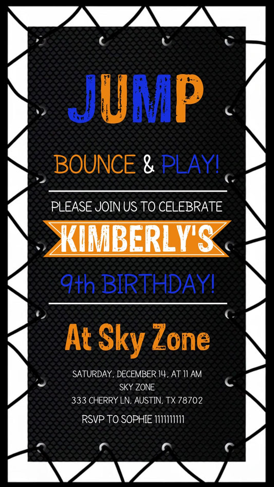 Black trampoline mesh with a laced white border, orange-and-blue JUMP headline, orange name ribbon, blue birthday line and white lower venue and address.