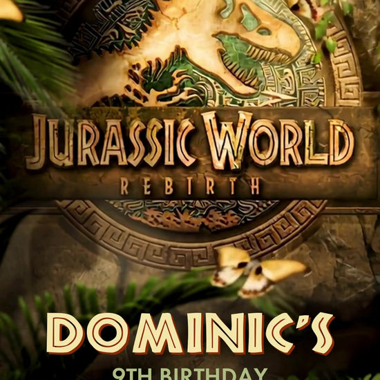 Bronze Jurassic World Rebirth emblem on jungle stone with moving butterflies, golden birthday name, foliage and white lower party details.