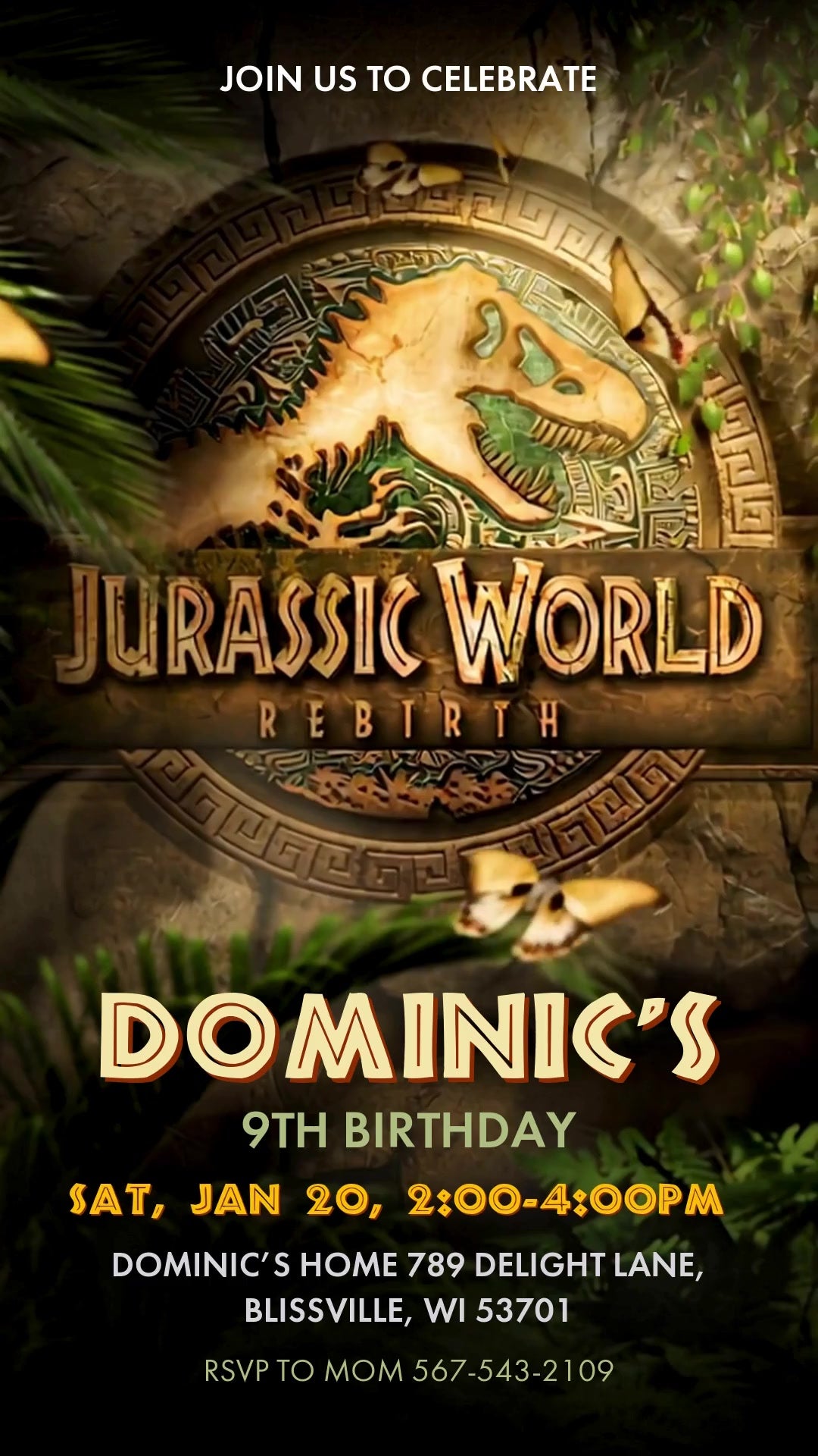 Bronze Jurassic World Rebirth emblem on jungle stone with moving butterflies, golden birthday name, foliage and white lower party details.